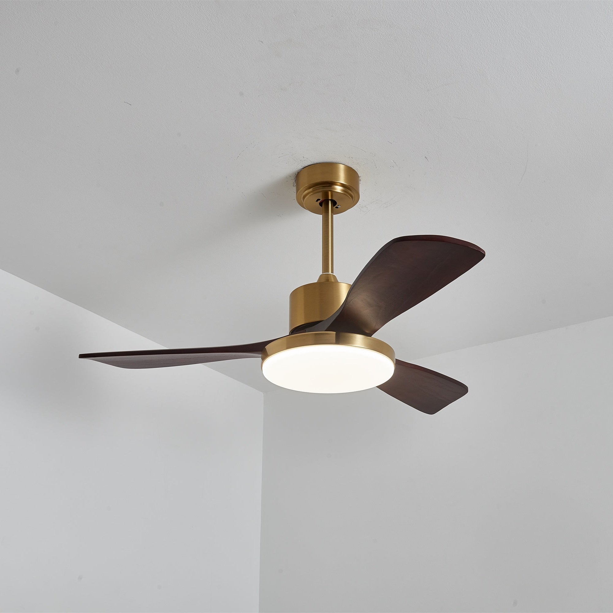 Walnut and Gold Ceiling Fan Light with Wooden Blades and LED Light