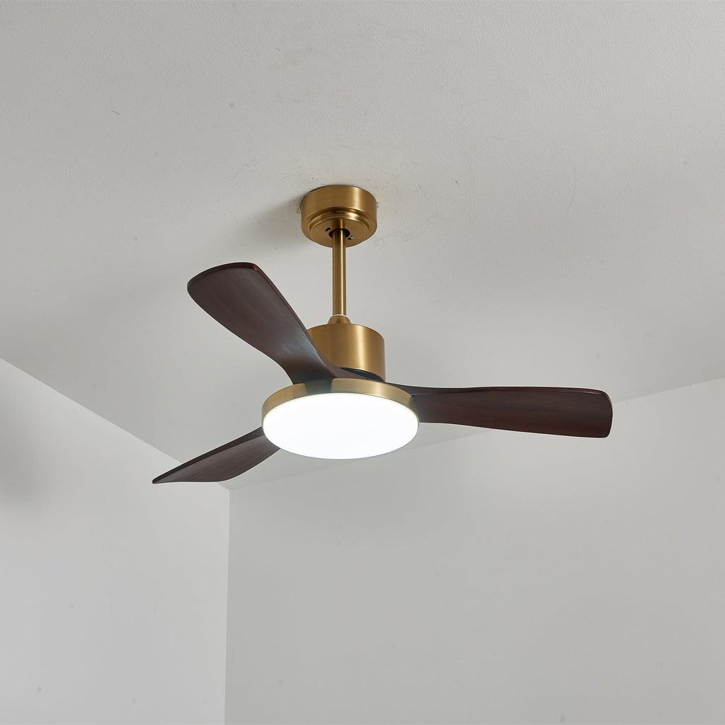 Walnut and Gold Ceiling Fan Light with Wooden Blades and LED Light