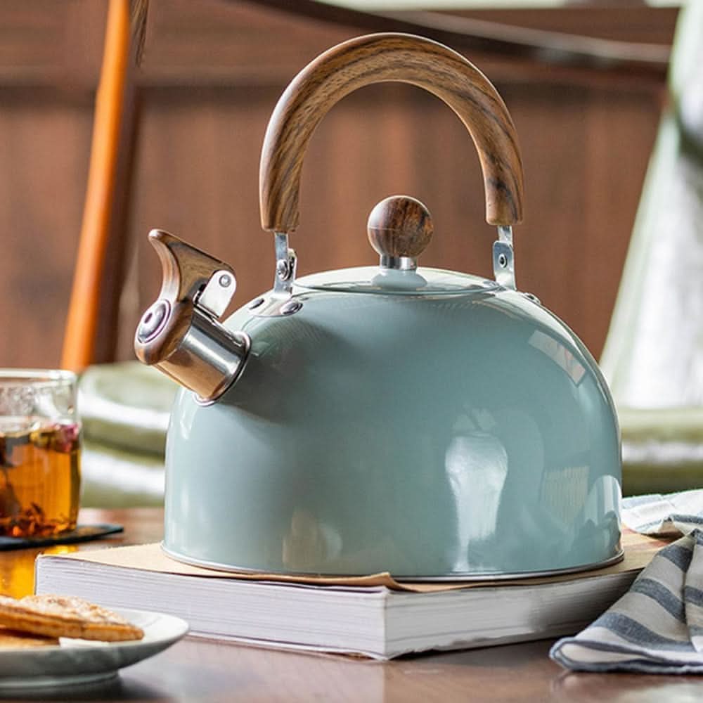 Whistling Tea Kettle Stainless Steel Stovetop Kettle with Wood Look Handle for Gas Induction and Electric Stoves