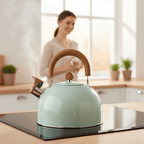 Whistling Tea Kettle Stainless Steel Stovetop Kettle with Wood Look Handle for Gas Induction and Electric Stoves