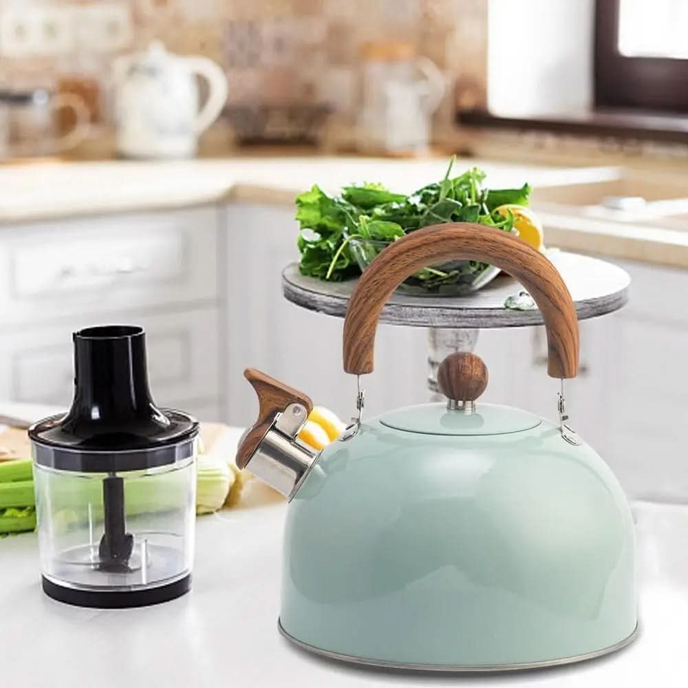 Whistling Tea Kettle Stainless Steel Stovetop Kettle with Wood Look Handle for Gas Induction and Electric Stoves