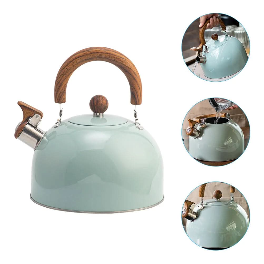 Whistling Tea Kettle Stainless Steel Stovetop Kettle with Wood Look Handle for Gas Induction and Electric Stoves