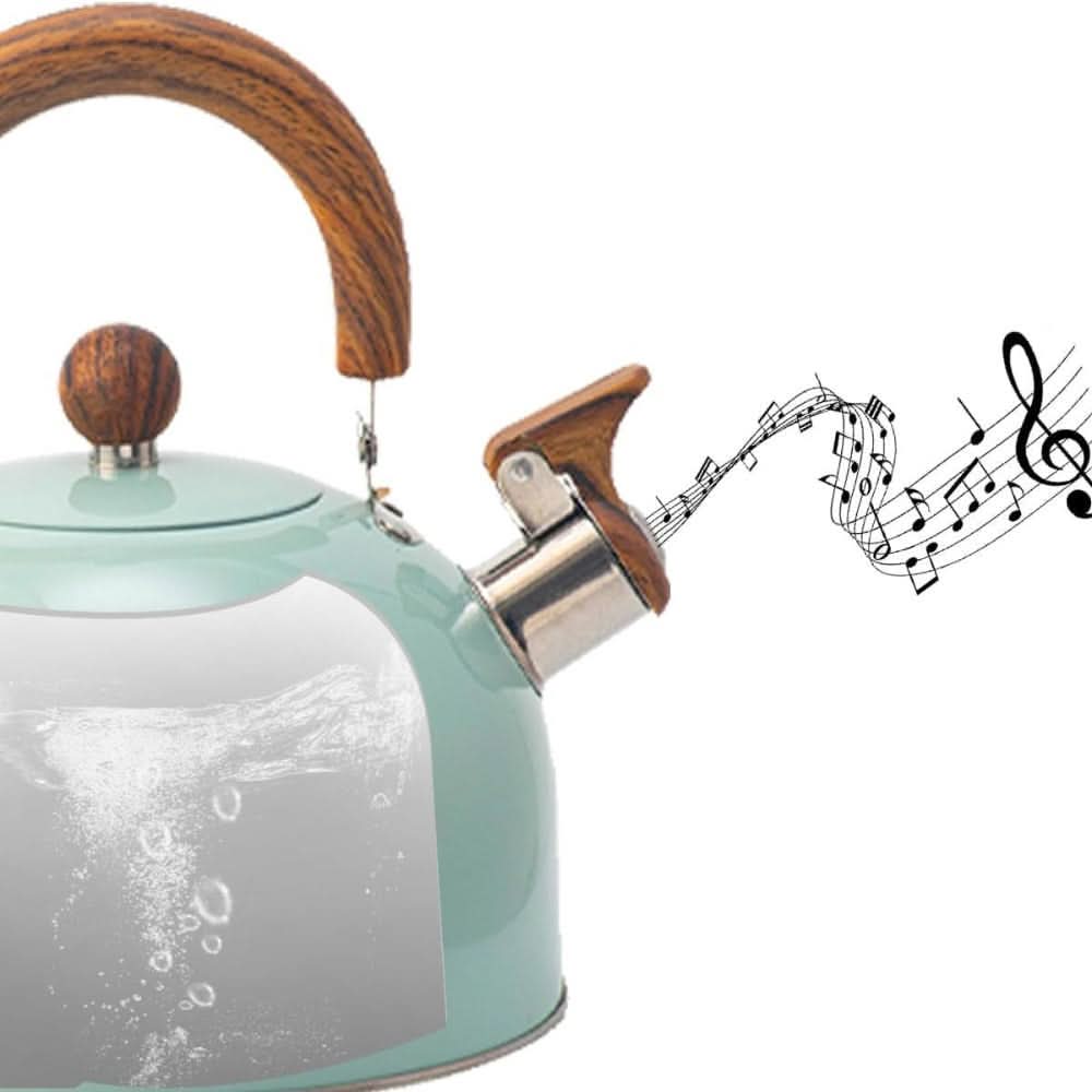 Whistling Tea Kettle Stainless Steel Stovetop Kettle with Wood Look Handle for Gas Induction and Electric Stoves