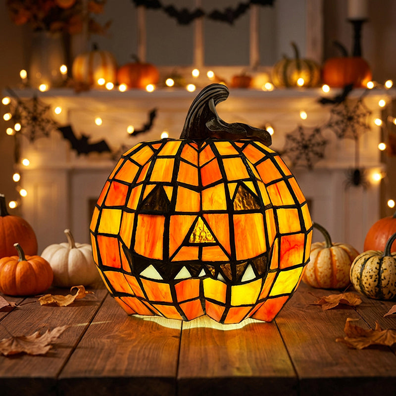 Stained Glass Pumpkin Table Lamp Halloween Jack-O-Lantern Night Light Glass Resin Decorative Lamp for Kids Bedroom Living Room and Nightstand