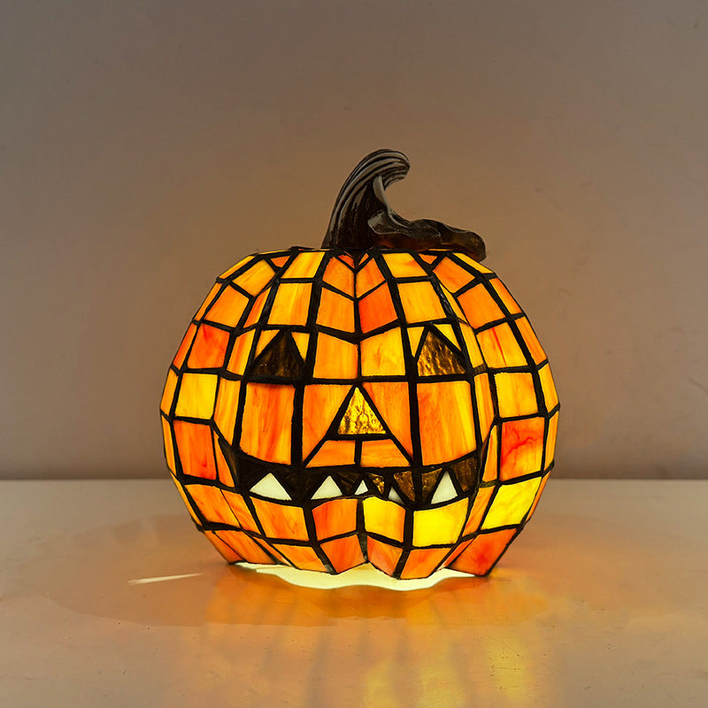 Stained Glass Pumpkin Table Lamp Halloween Jack-O-Lantern Night Light Glass Resin Decorative Lamp for Kids Bedroom Living Room and Nightstand