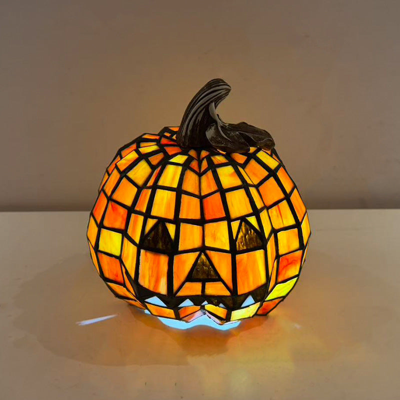Stained Glass Pumpkin Table Lamp Halloween Jack-O-Lantern Night Light Glass Resin Decorative Lamp for Kids Bedroom Living Room and Nightstand