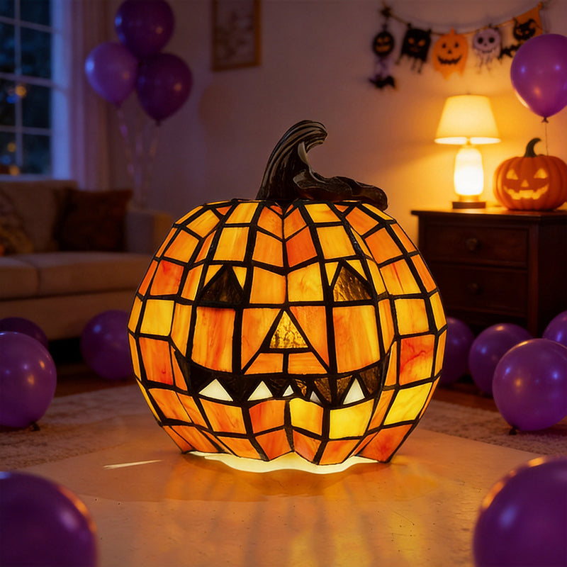 Stained Glass Pumpkin Table Lamp Halloween Jack-O-Lantern Night Light Glass Resin Decorative Lamp for Kids Bedroom Living Room and Nightstand