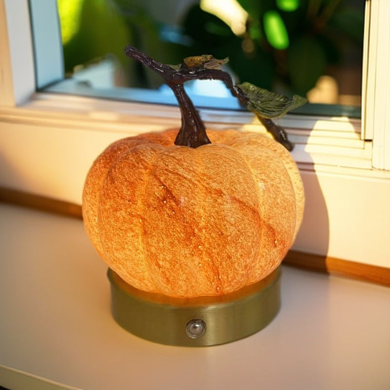 Pumpkin Table Lamp USB Powered LED Glass Pumpkin Night Light with Metal Leaf Stem Touch Control Bedside Lamp for Bedroom
