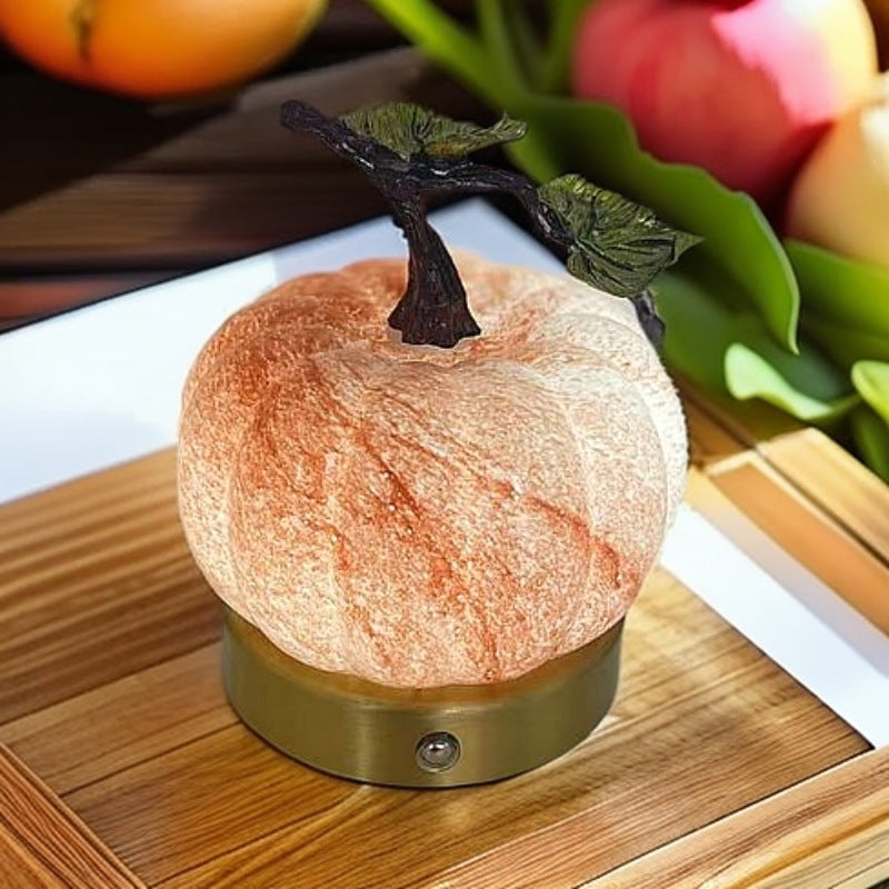 Pumpkin Table Lamp USB Powered LED Glass Pumpkin Night Light with Metal Leaf Stem Touch Control Bedside Lamp for Bedroom