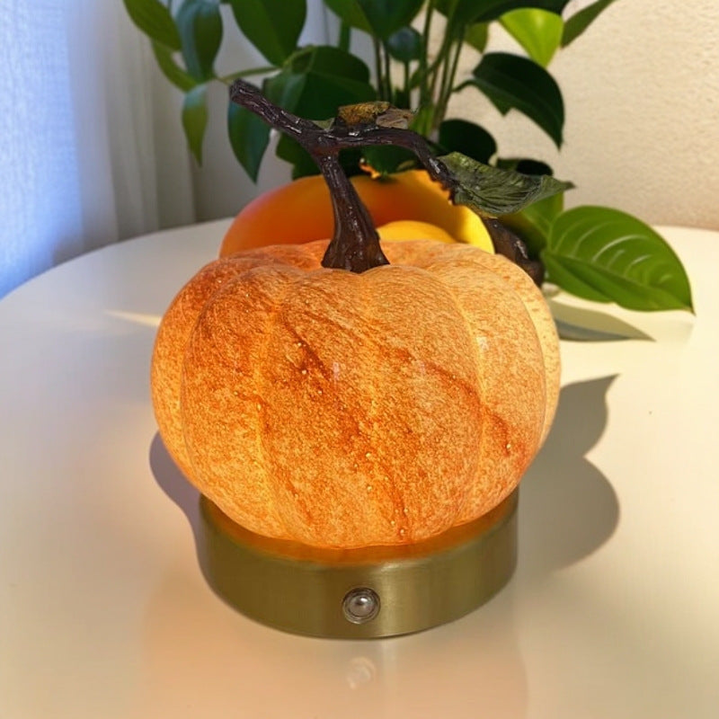 Pumpkin Table Lamp USB Powered LED Glass Pumpkin Night Light with Metal Leaf Stem Touch Control Bedside Lamp for Bedroom