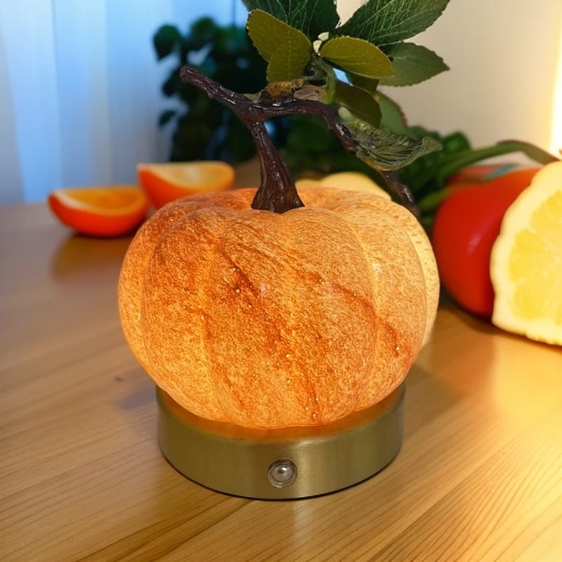 Pumpkin Table Lamp USB Powered LED Glass Pumpkin Night Light with Metal Leaf Stem Touch Control Bedside Lamp for Bedroom