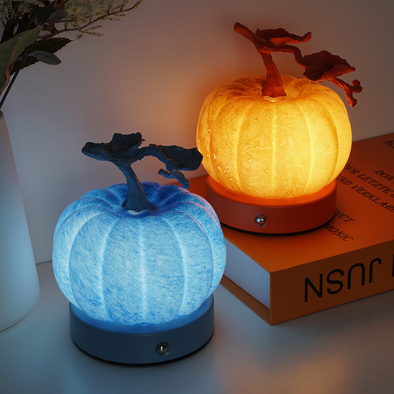 Pumpkin Table Lamp USB Powered LED Glass Pumpkin Night Light with Metal Leaf Stem Touch Control Bedside Lamp for Bedroom