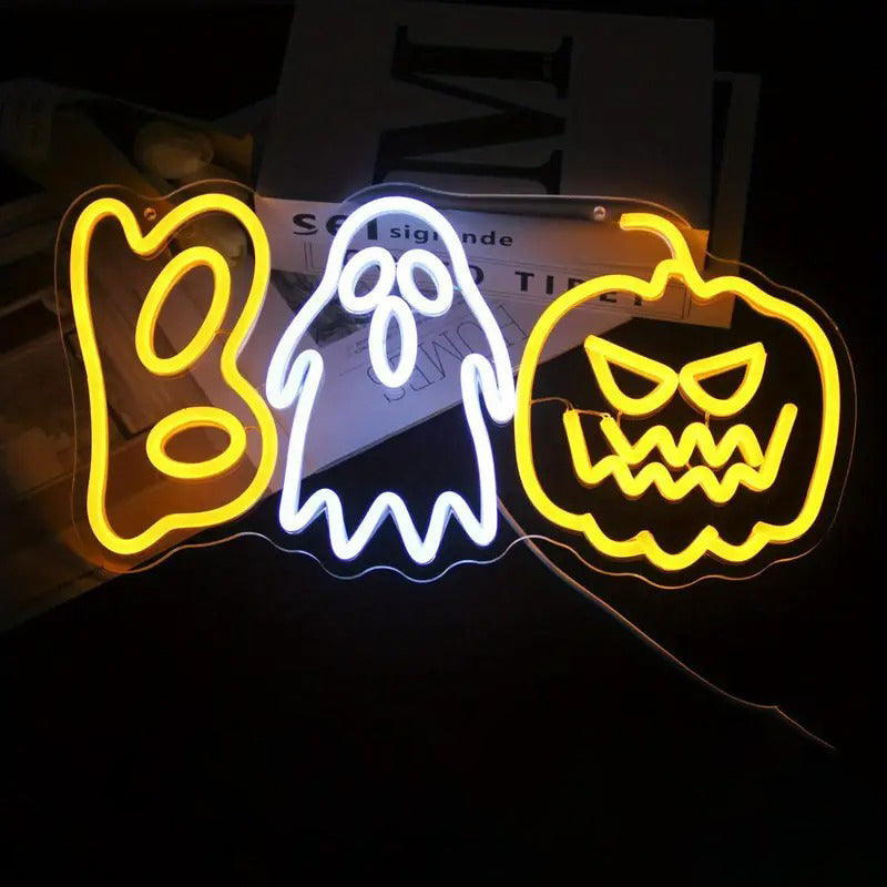 Halloween Neon Sign Boo Ghost and Pumpkin LED Light USB Powered PVC Neon Wall Light Table Decoration for Party and Living Room