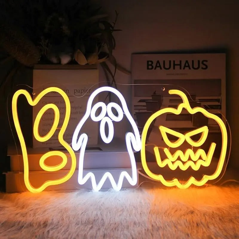 Halloween Neon Sign Boo Ghost and Pumpkin LED Light USB Powered PVC Neon Wall Light Table Decoration for Party and Living Room
