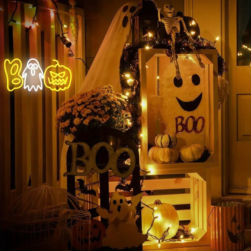 Halloween Neon Sign Boo Ghost and Pumpkin LED Light USB Powered PVC Neon Wall Light Table Decoration for Party and Living Room