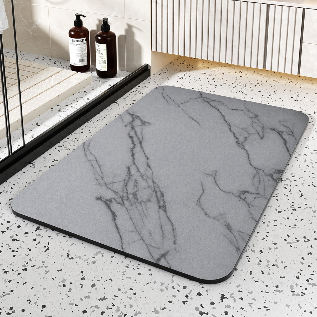 Diatomite Stone Bath Mat Quick Drying Non-Slip Marble Pattern Bathroom Rug Absorbent Shower Floor Mat with Rubber Base