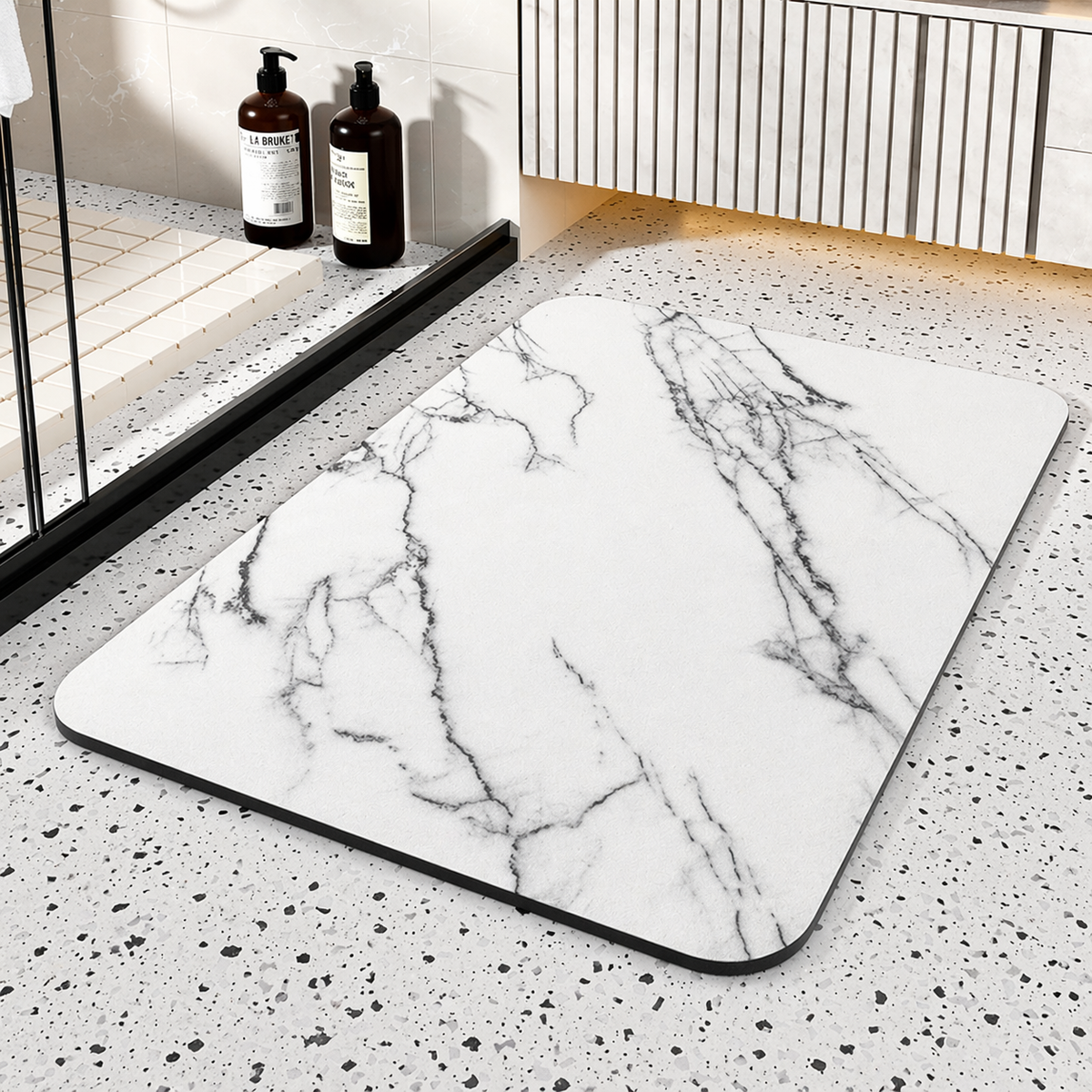 Diatomite Stone Bath Mat Quick Drying Non-Slip Marble Pattern Bathroom Rug Absorbent Shower Floor Mat with Rubber Base