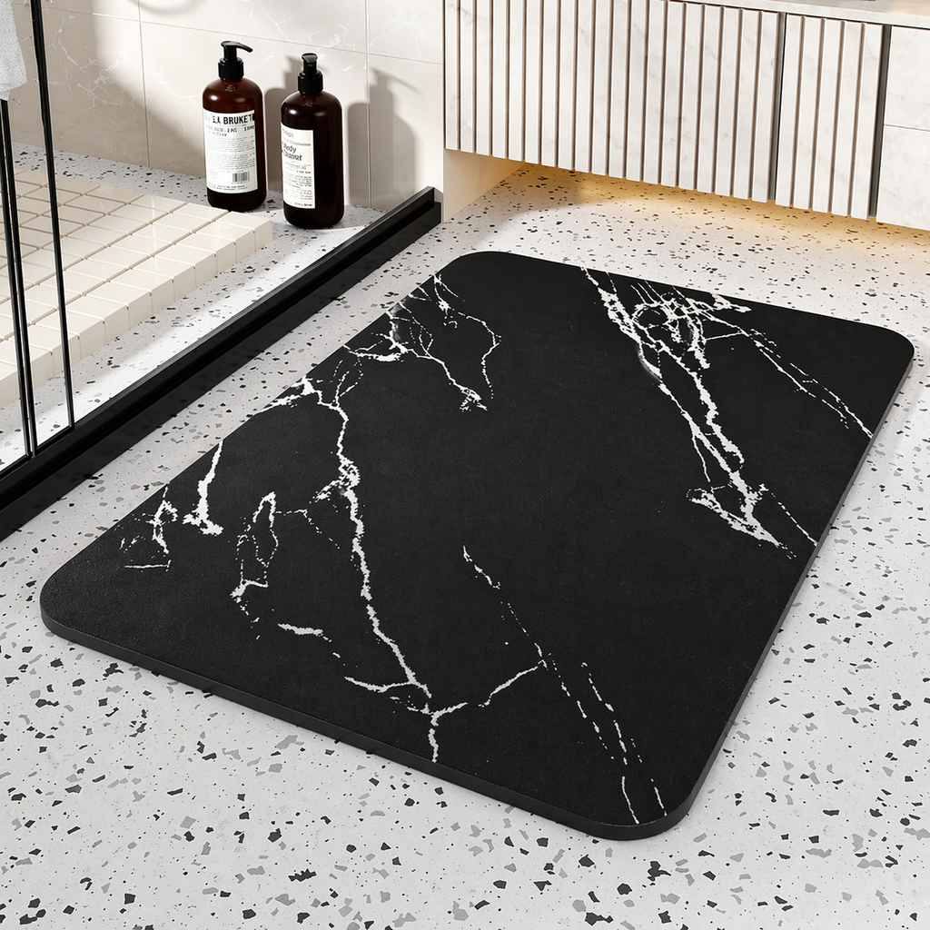 Diatomite Stone Bath Mat Quick Drying Non-Slip Marble Pattern Bathroom Rug Absorbent Shower Floor Mat with Rubber Base