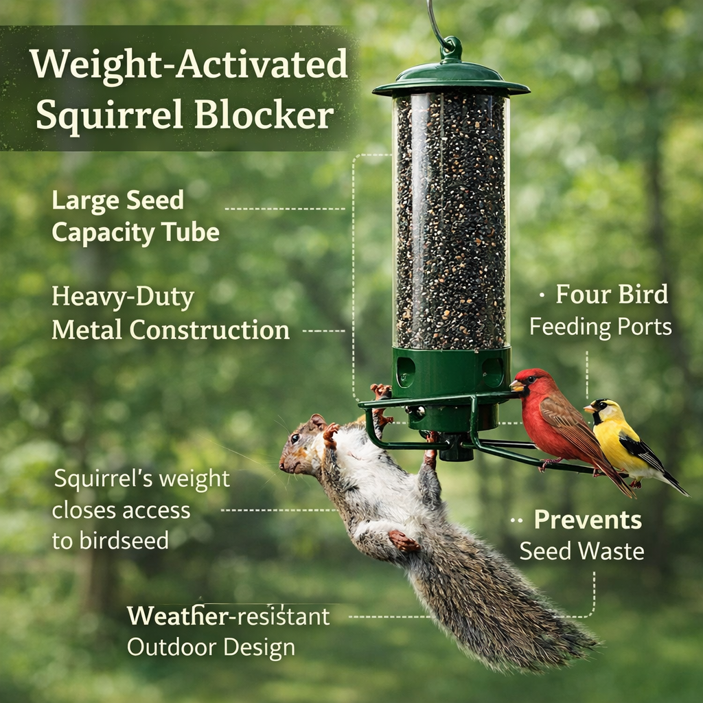 Squirrel Proof Bird Feeder Hanging Metal Tube Feeder with Weight Activated Perch Large Seed Reservoir Outdoor Wild Bird Feeder