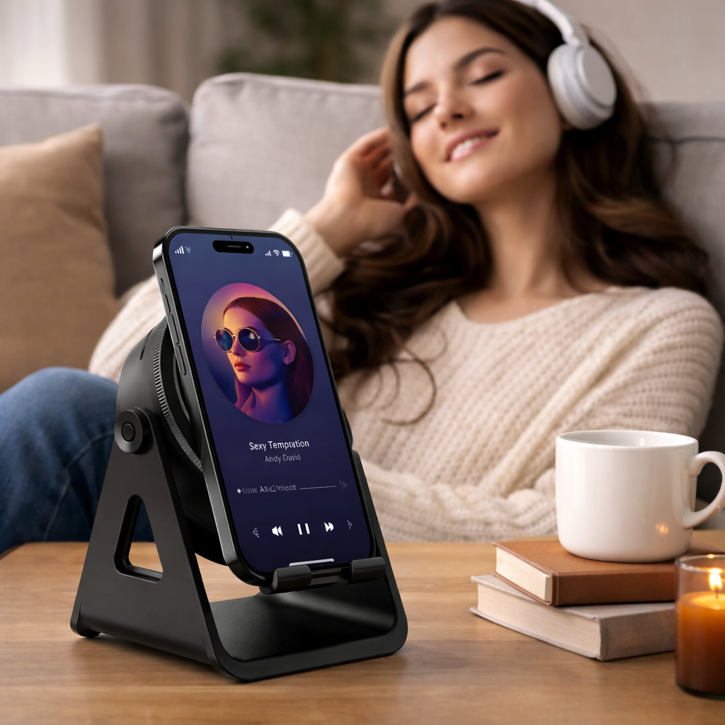 Bluetooth Speaker Phone Stand with Wireless Charging and LED Light