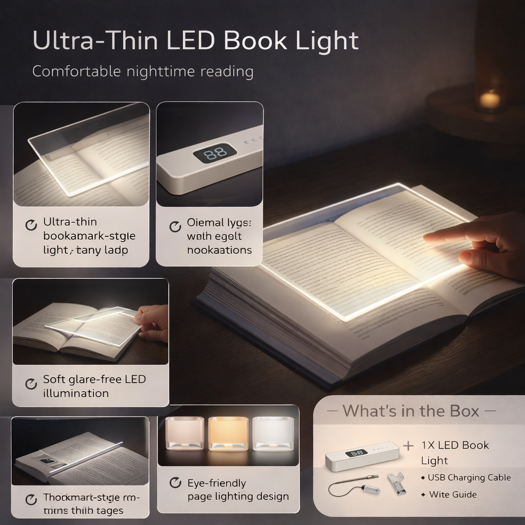 LED Book Light Ultra Thin Rechargeable Reading Lamp Flat Panel Night Light with Adjustable Brightness and Timer