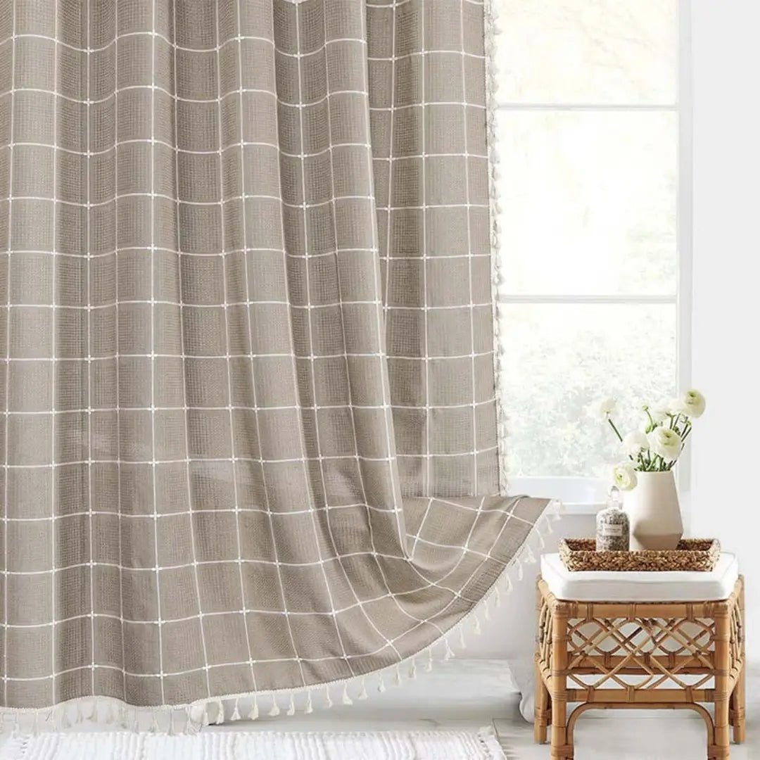 Boho Linen Shower Curtain with Tassels Farmhouse Plaid Fabric Shower Curtain Water-Repellent Jacquard Woven Bathroom Curtain with Hooks