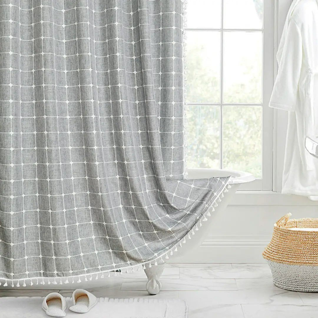 Boho Linen Shower Curtain with Tassels Farmhouse Plaid Fabric Shower Curtain Water-Repellent Jacquard Woven Bathroom Curtain with Hooks