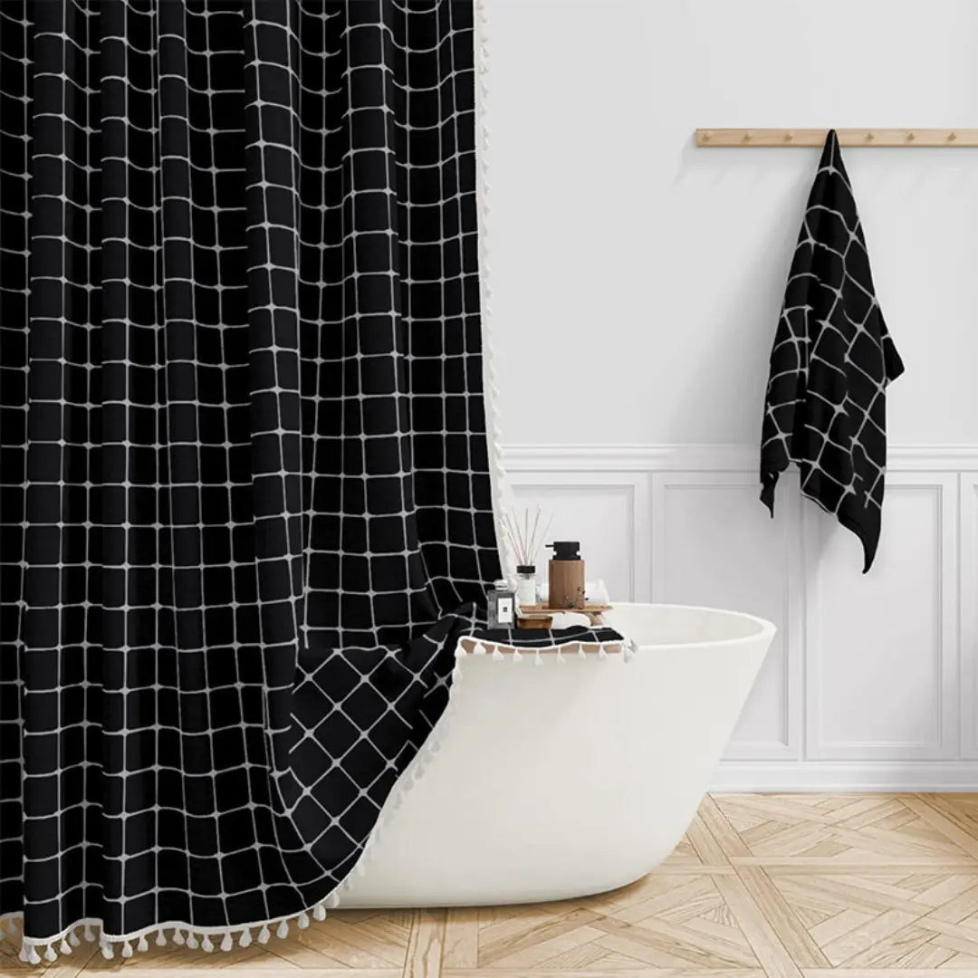 Boho Linen Shower Curtain with Tassels Farmhouse Plaid Fabric Shower Curtain Water-Repellent Jacquard Woven Bathroom Curtain with Hooks