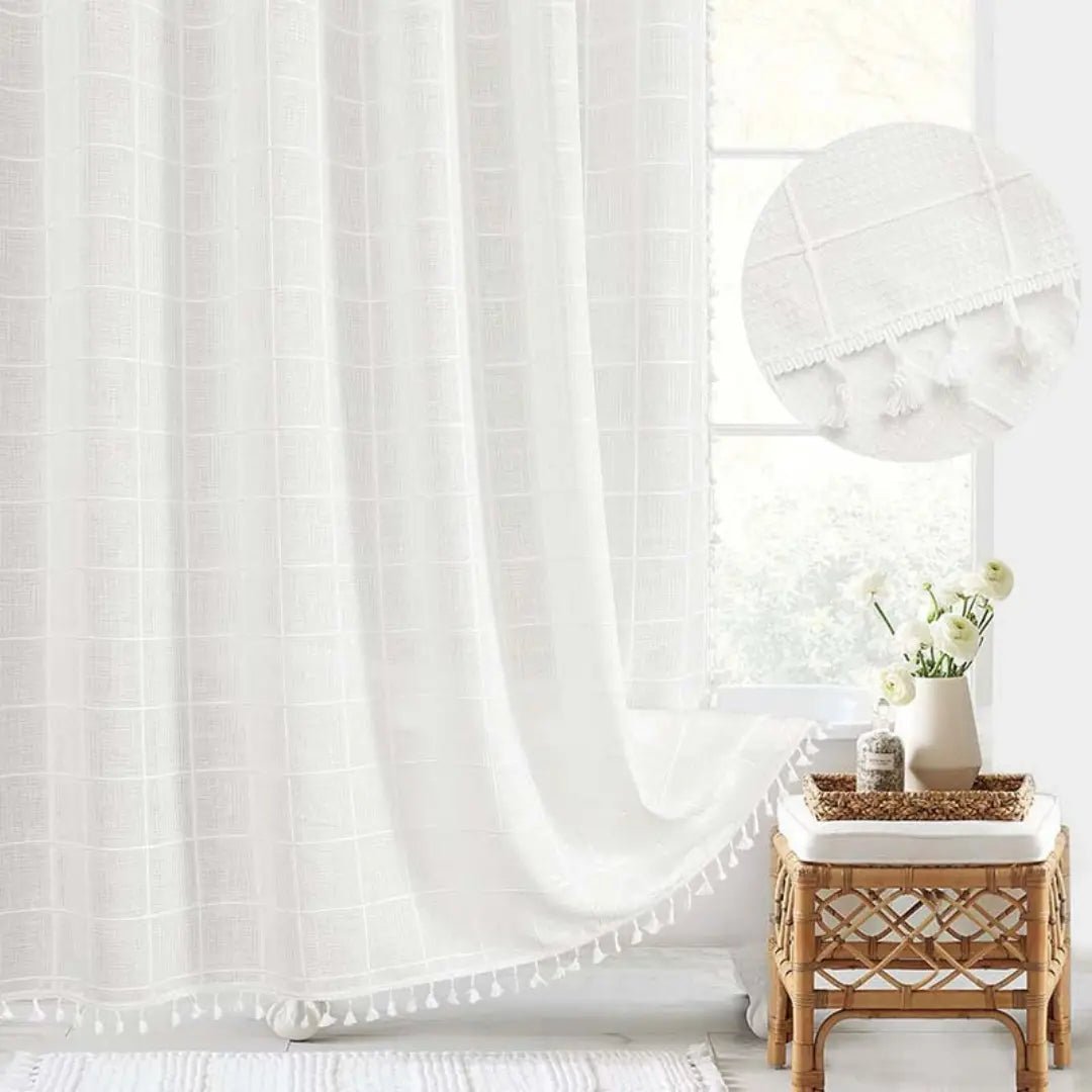 Boho Linen Shower Curtain with Tassels Farmhouse Plaid Fabric Shower Curtain Water-Repellent Jacquard Woven Bathroom Curtain with Hooks