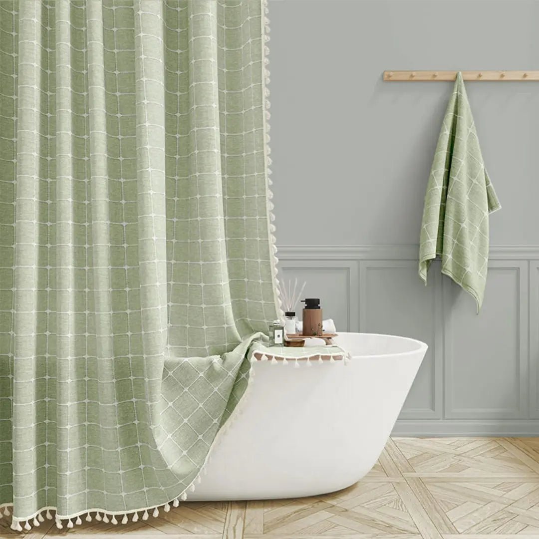 Boho Linen Shower Curtain with Tassels Farmhouse Plaid Fabric Shower Curtain Water-Repellent Jacquard Woven Bathroom Curtain with Hooks