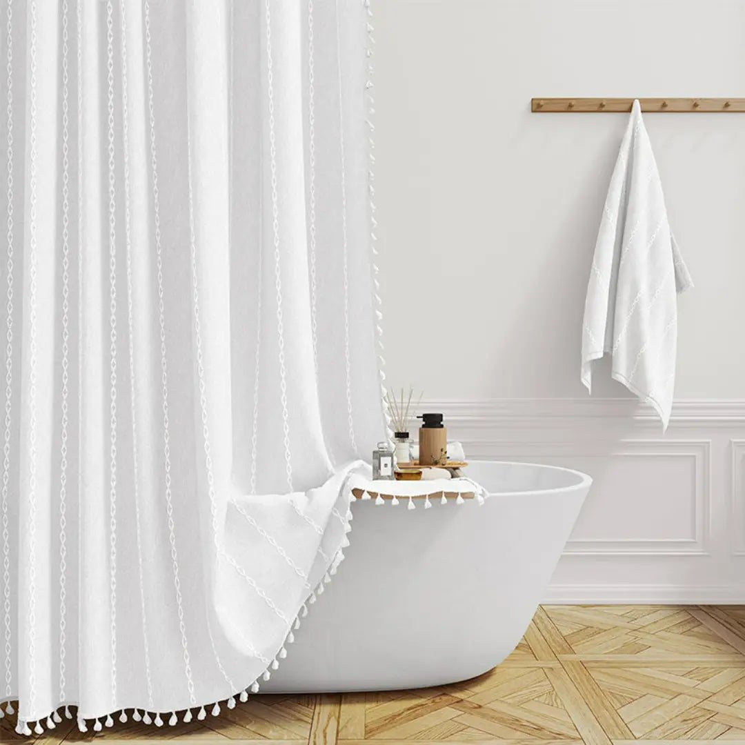 Boho Linen Shower Curtain with Tassels Farmhouse Plaid Fabric Shower Curtain Water-Repellent Jacquard Woven Bathroom Curtain with Hooks