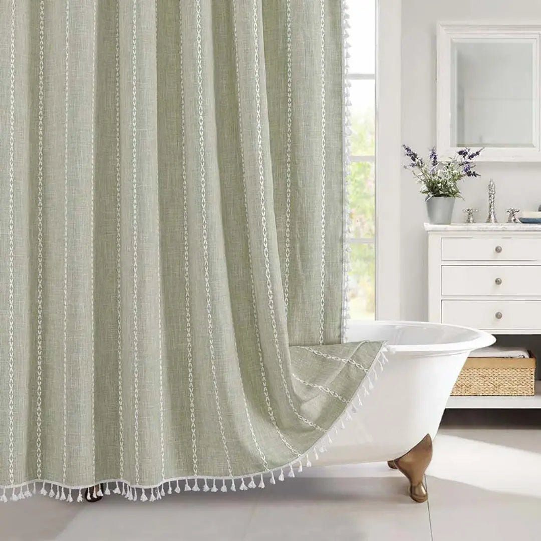 Boho Linen Shower Curtain with Tassels Farmhouse Plaid Fabric Shower Curtain Water-Repellent Jacquard Woven Bathroom Curtain with Hooks