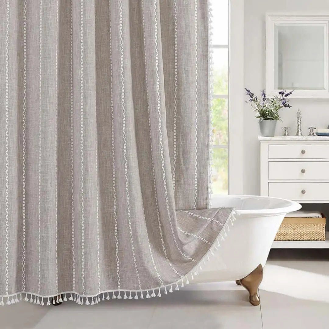 Boho Linen Shower Curtain with Tassels Farmhouse Plaid Fabric Shower Curtain Water-Repellent Jacquard Woven Bathroom Curtain with Hooks