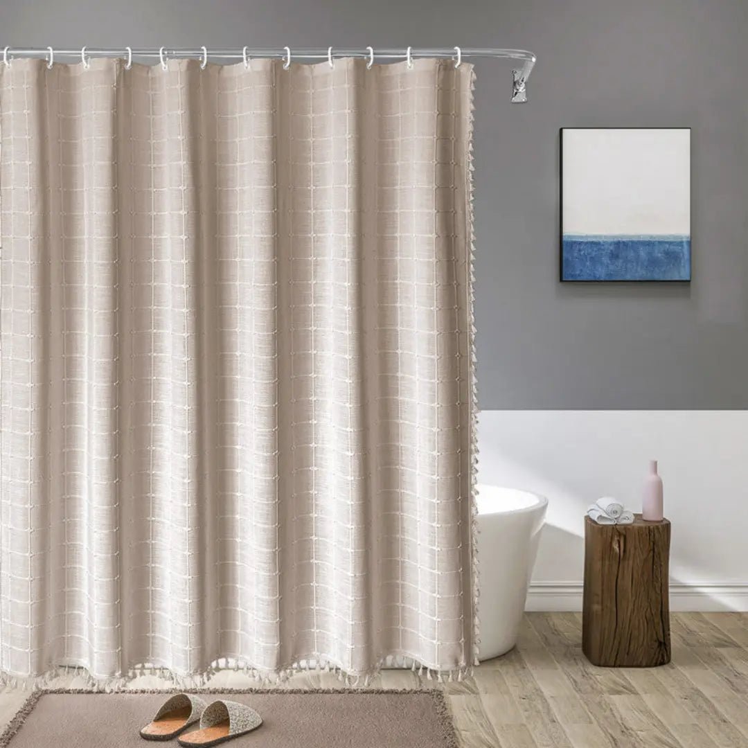 Boho Linen Shower Curtain with Tassels Farmhouse Plaid Fabric Shower Curtain Water-Repellent Jacquard Woven Bathroom Curtain with Hooks