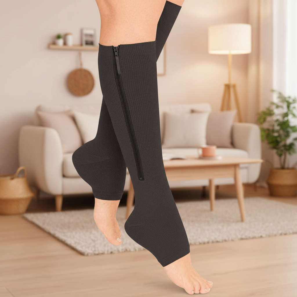Zipper Compression Socks Open Toe Knee High Graduated Compression Stockings with Zip for Women and Men for Travel Work and Standing