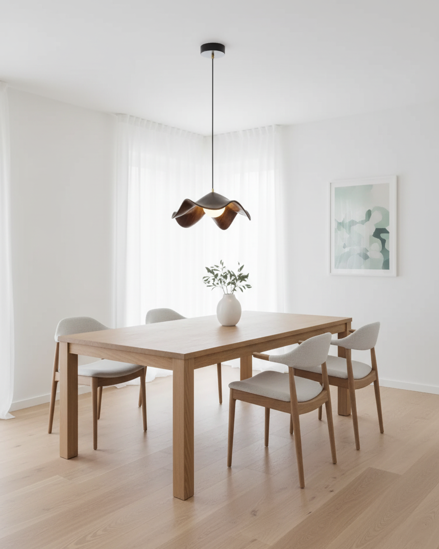 Wavy Wood Pendant Light with Sculptural Shade