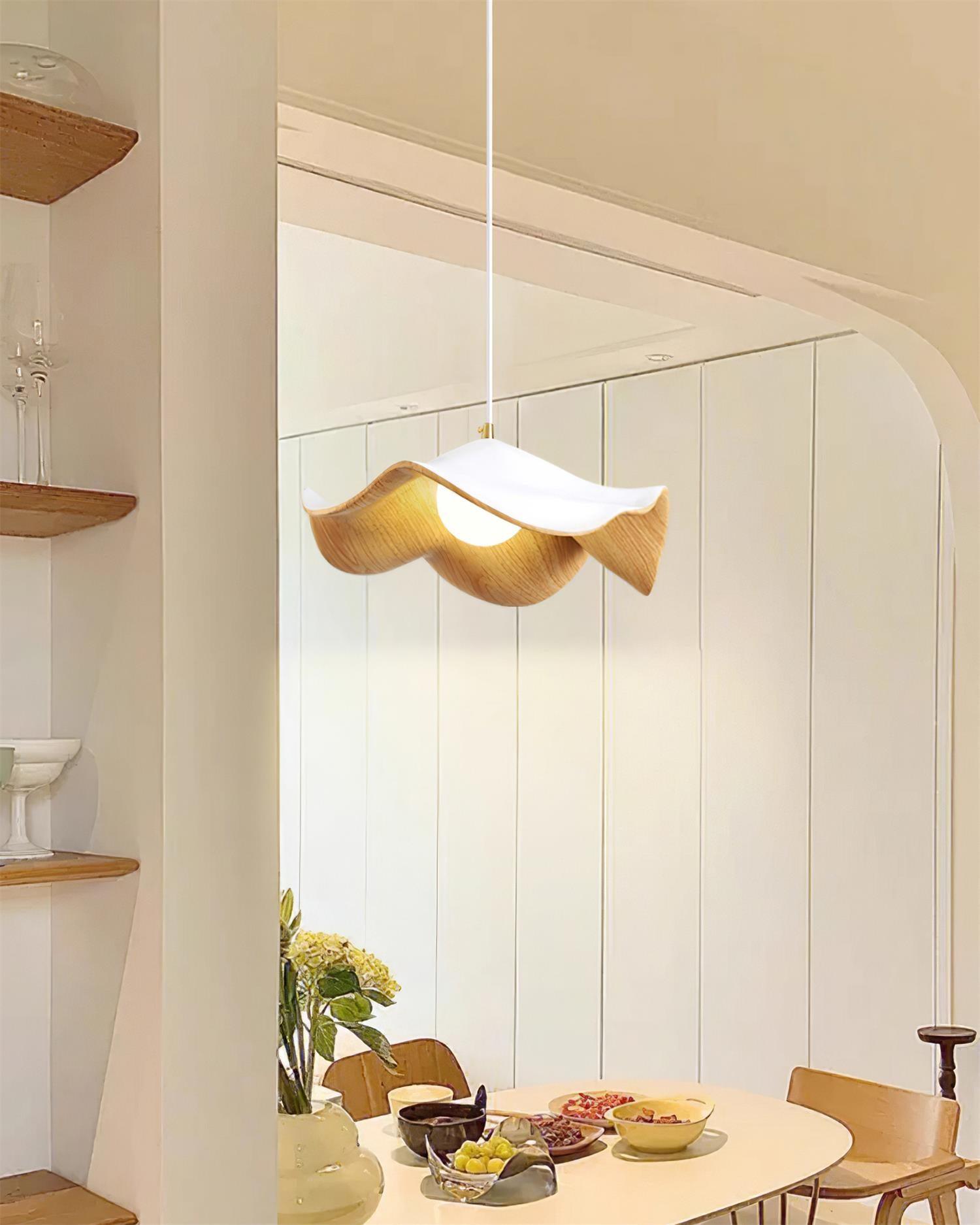 Wavy Wood Pendant Light with Sculptural Shade