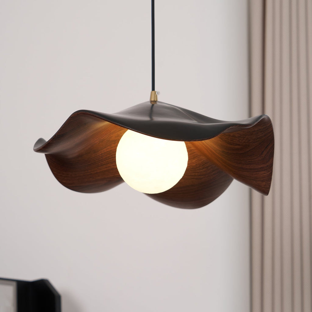 Wavy Wood Pendant Light with Sculptural Shade