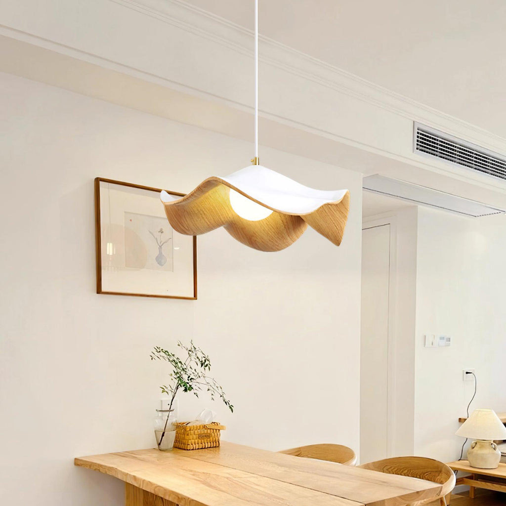 Wavy Wood Pendant Light with Sculptural Shade