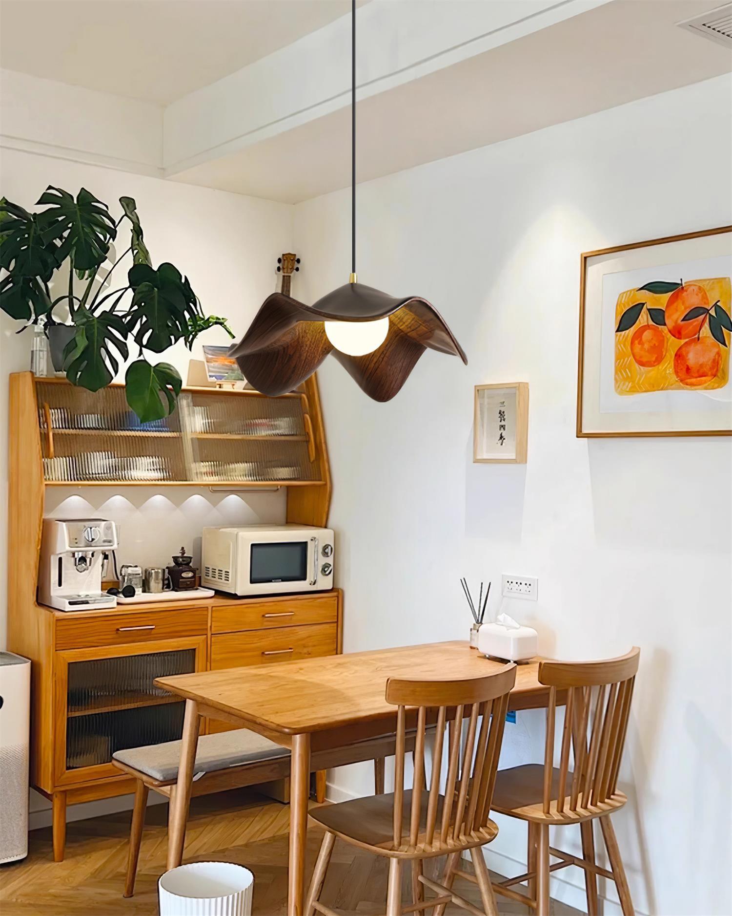 Wavy Wood Pendant Light with Sculptural Shade