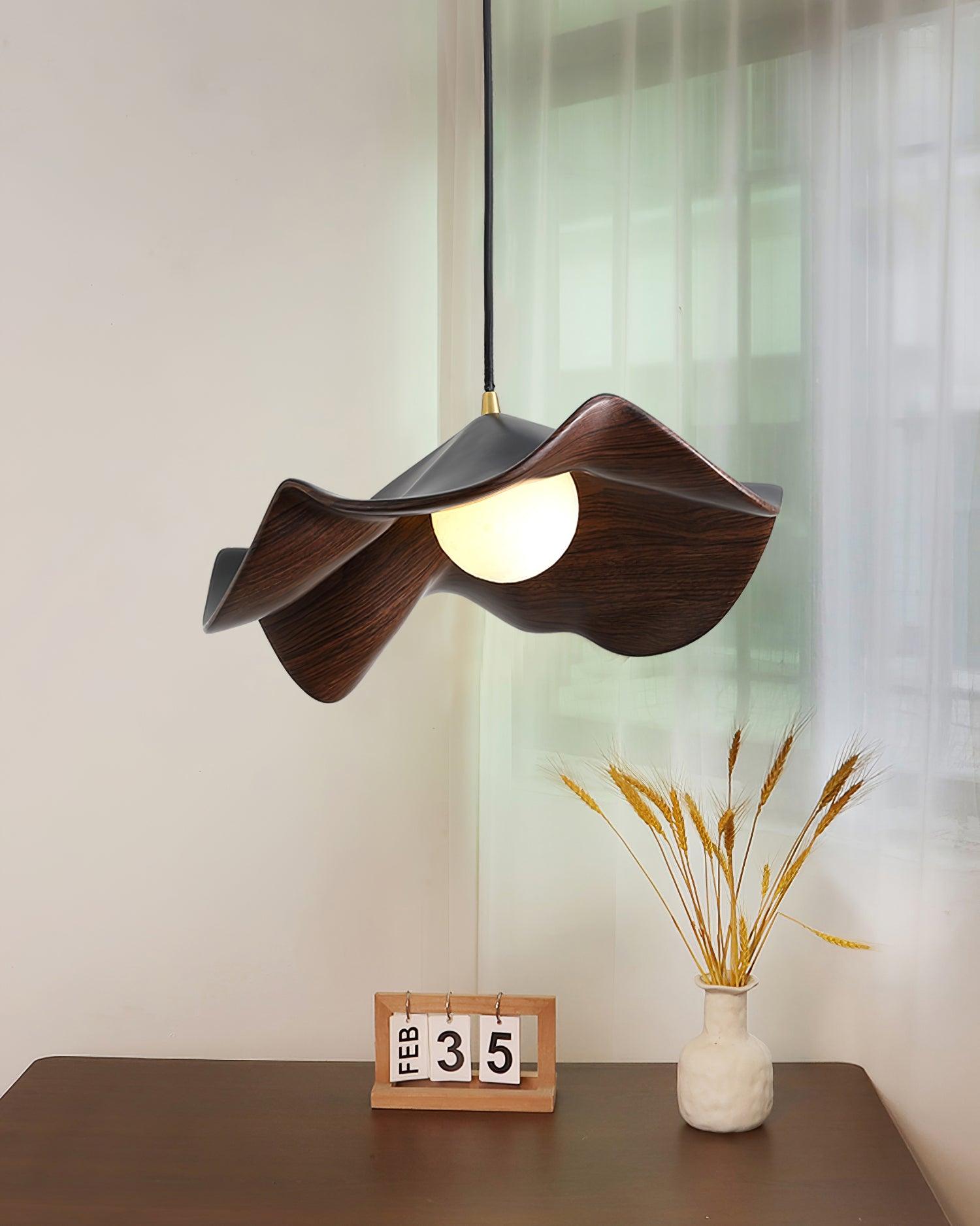 Wavy Wood Pendant Light with Sculptural Shade