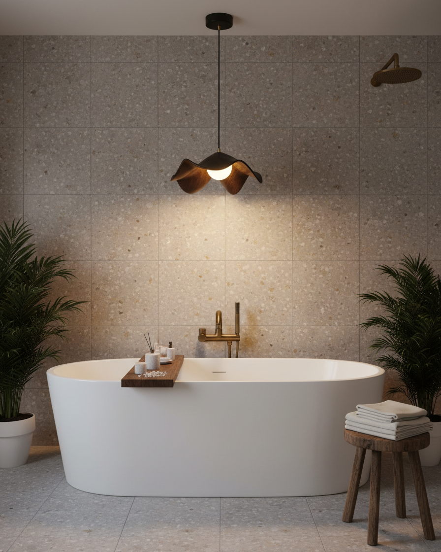 Wavy Wood Pendant Light with Sculptural Shade