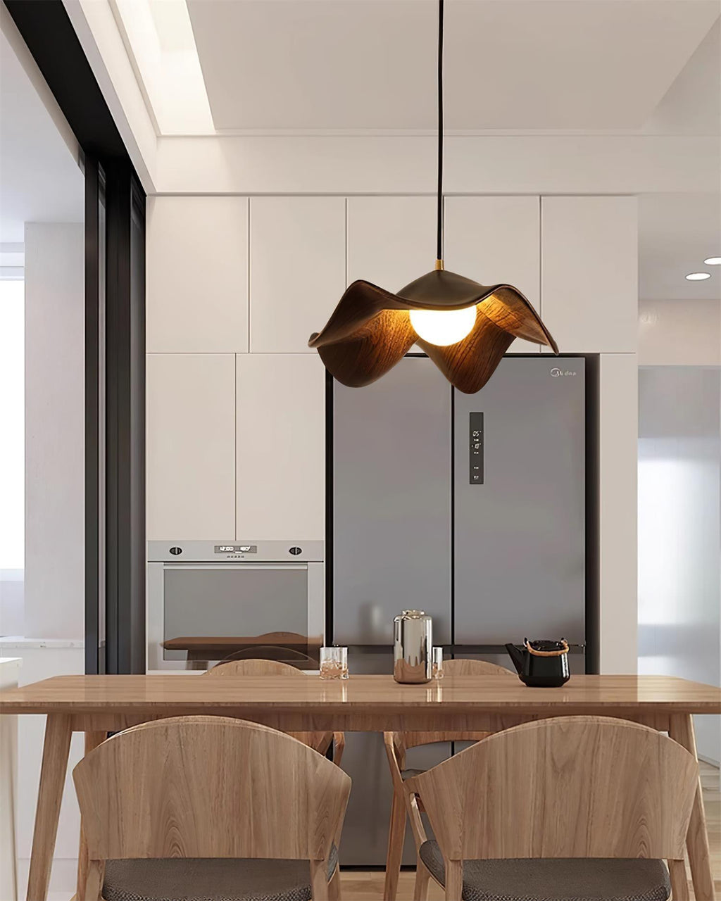 Wavy Wood Pendant Light with Sculptural Shade