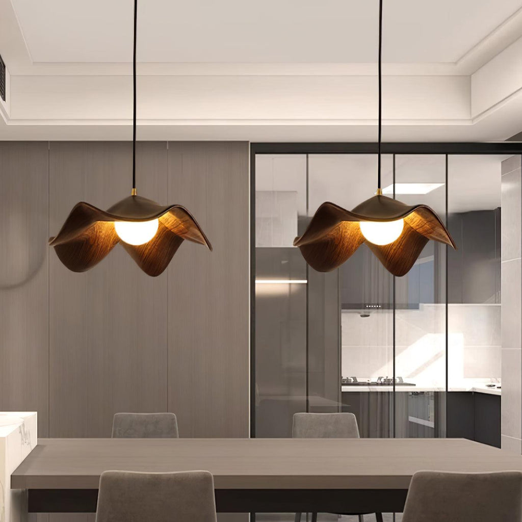 Wavy Wood Pendant Light with Sculptural Shade