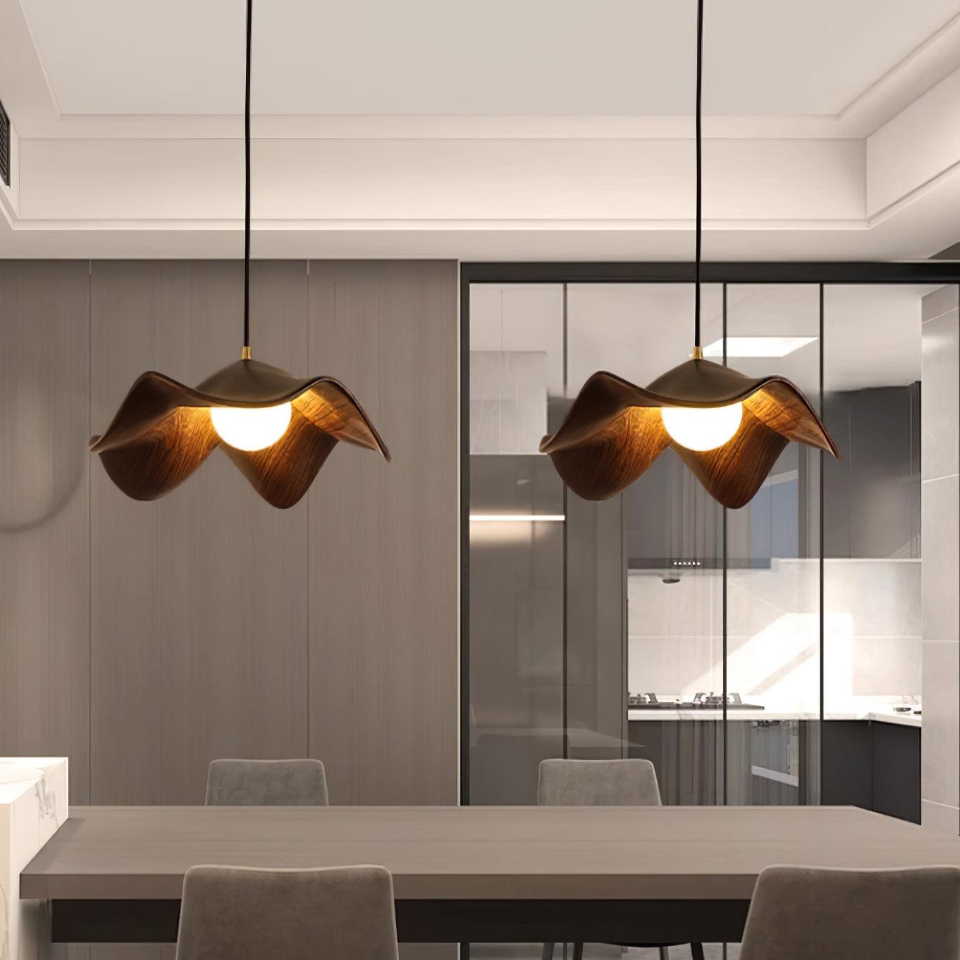 Wavy Wood Pendant Light with Sculptural Shade