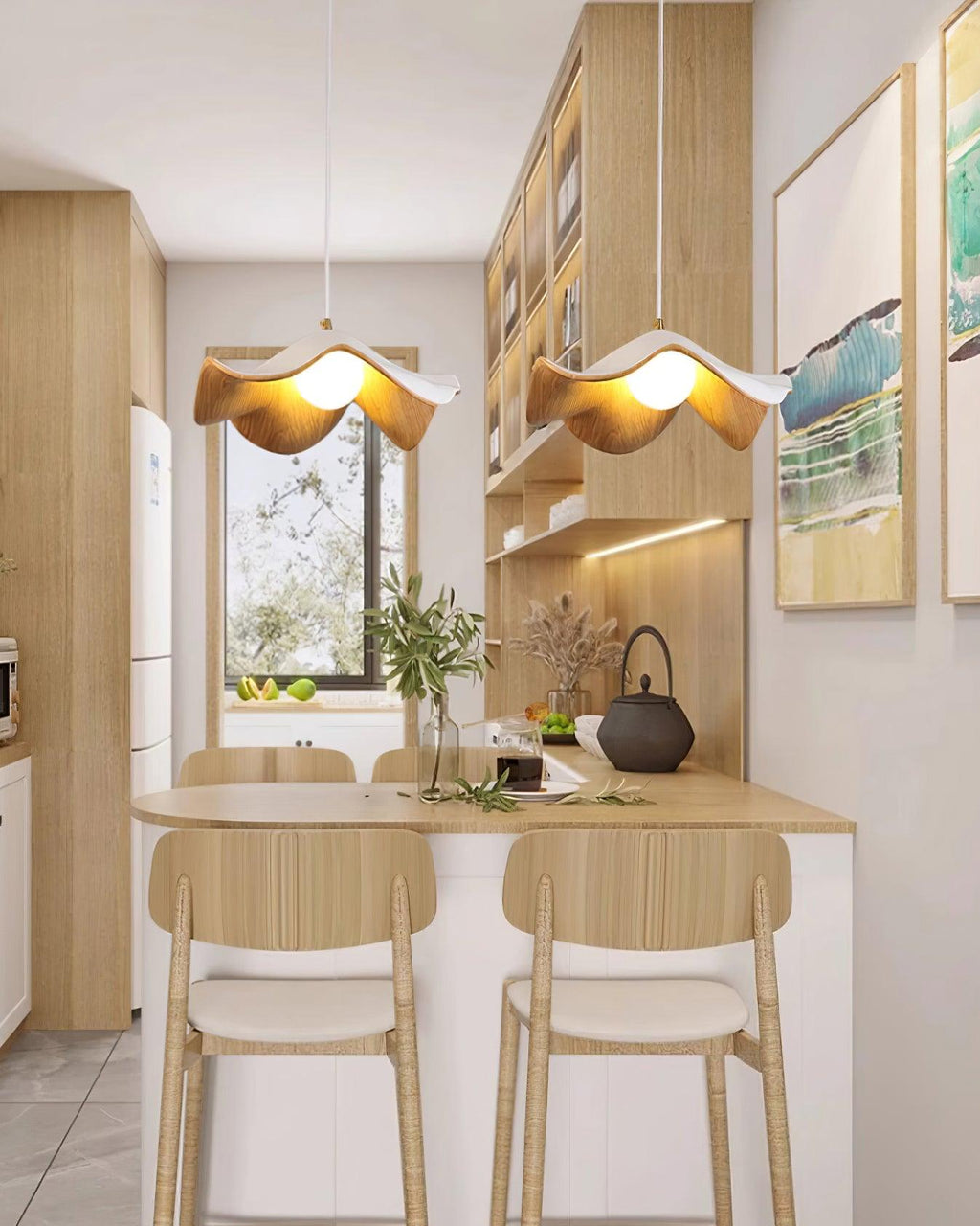 Wavy Wood Pendant Light with Sculptural Shade