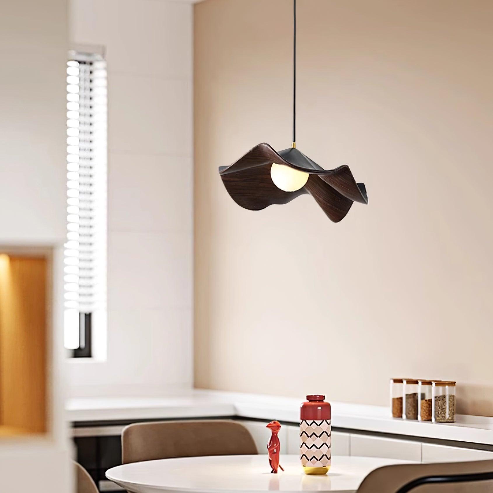 Wavy Wood Pendant Light with Sculptural Shade
