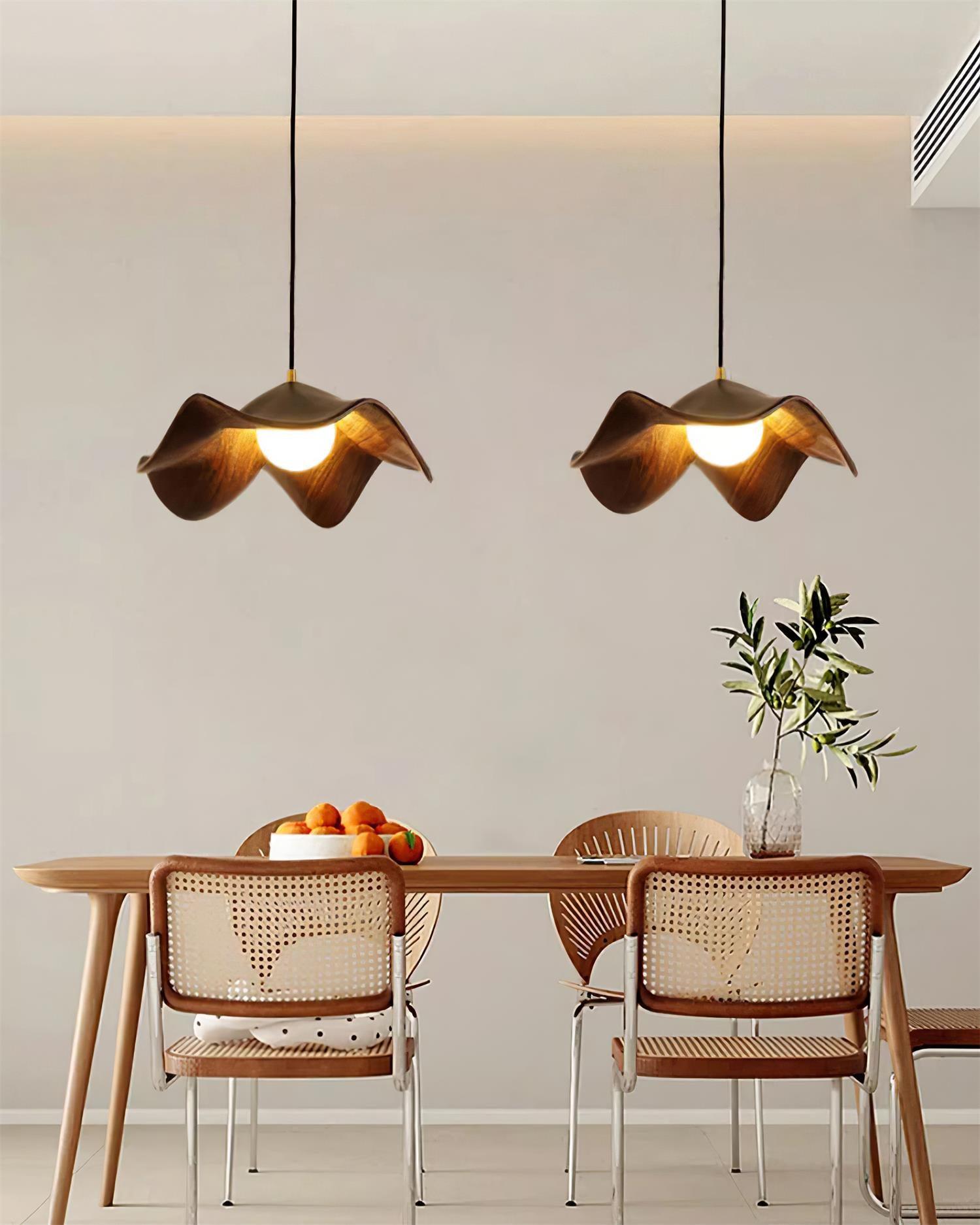 Wavy Wood Pendant Light with Sculptural Shade
