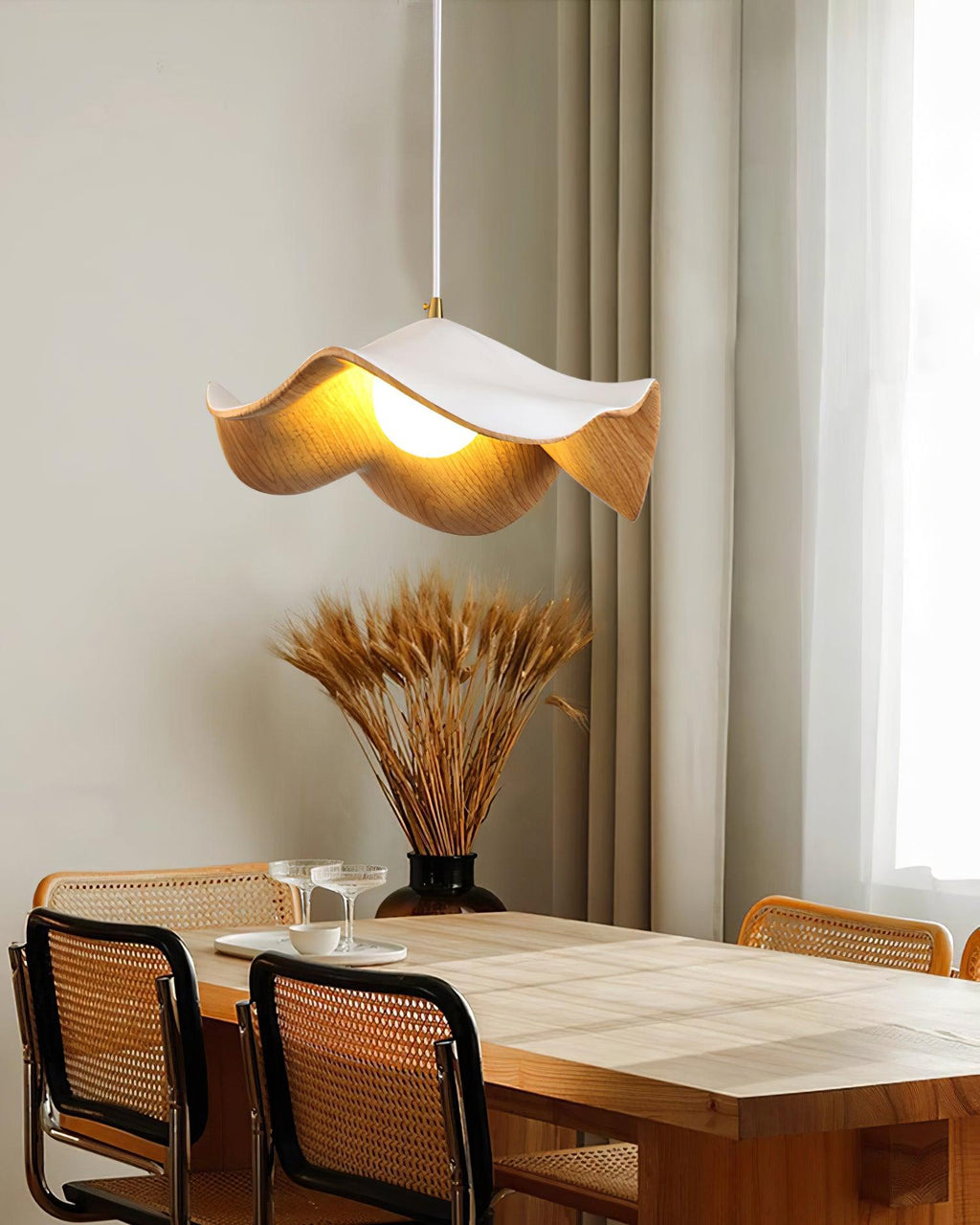 Wavy Wood Pendant Light with Sculptural Shade