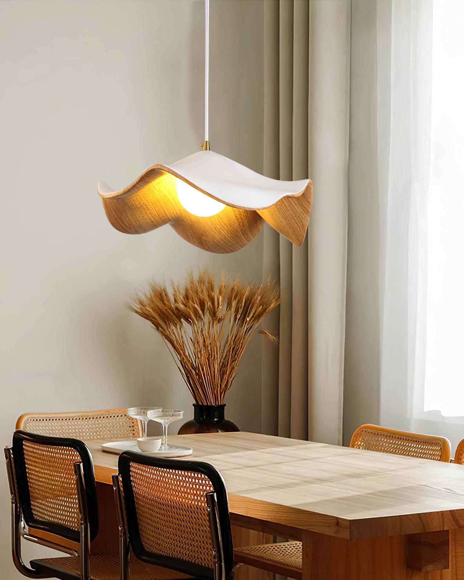 Wavy Wood Pendant Light with Sculptural Shade